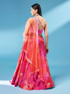Orange Organza Shibori Printed Semi-Stitched Lehenga choli & Dupatta 3