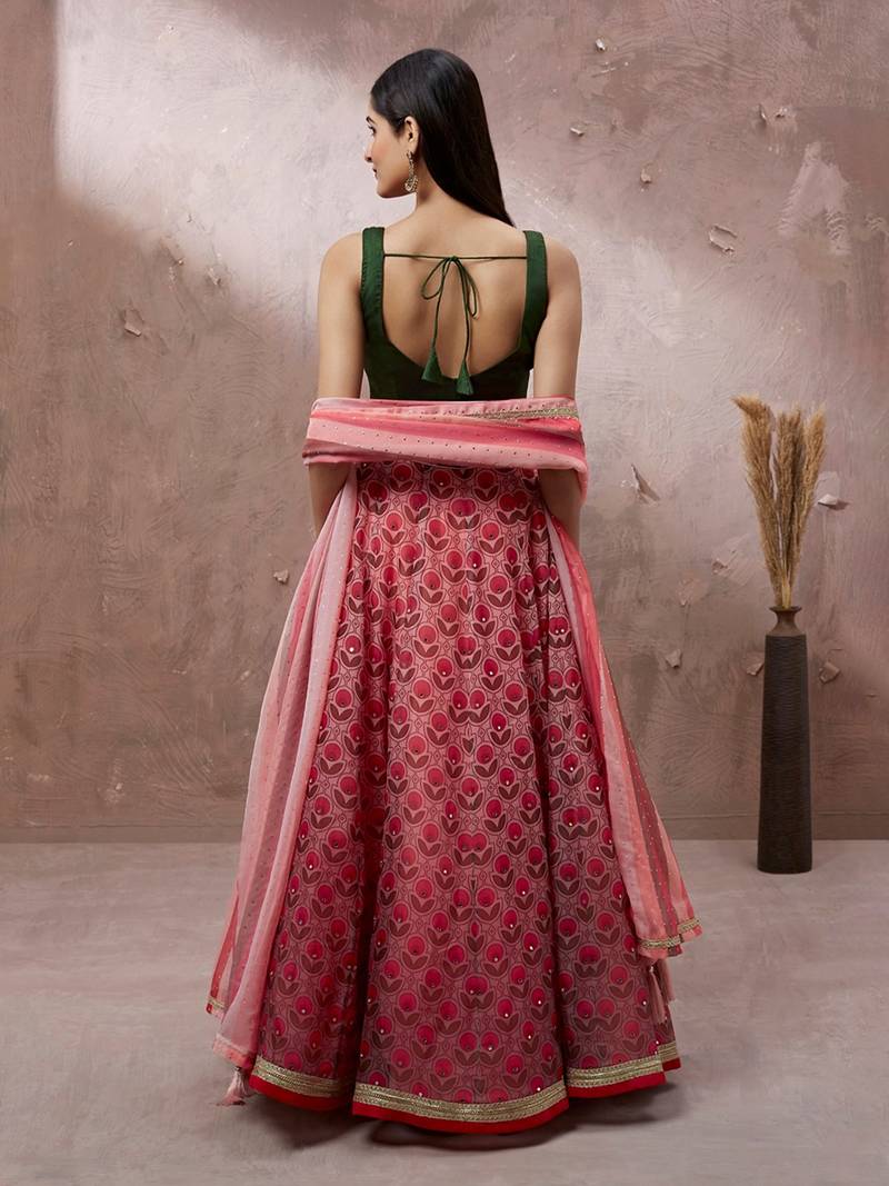 Red Organza Floral Printed Semi-Stitched Lehenga choli & Dupatta