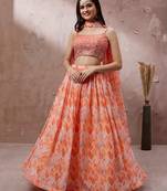 Peach Organza Floral Printed Semi-Stitched Lehenga choli & Dupatta