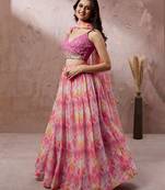 Pink Organza Floral Printed Semi-Stitched Lehenga choli & Dupatta