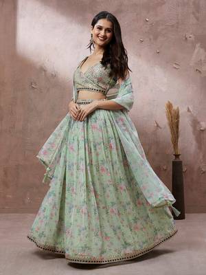 Lime Green Organza Floral Printed Semi-Stitched Lehenga choli & Dupatta 1