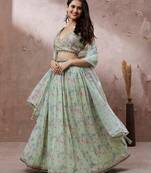 Lime Green Organza Floral Printed Semi-Stitched Lehenga choli & Dupatta