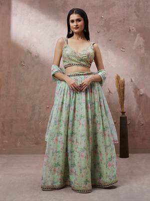 Lime Green Organza Floral Printed Semi-Stitched Lehenga choli & Dupatta 2