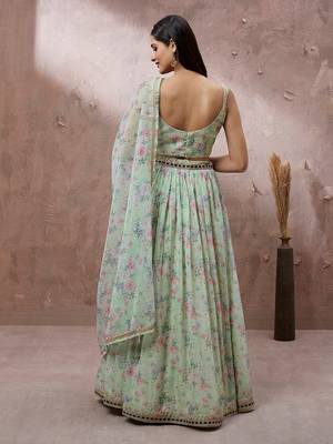 Lime Green Organza Floral Printed Semi-Stitched Lehenga choli & Dupatta 3