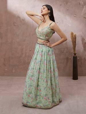 Lime Green Organza Floral Printed Semi-Stitched Lehenga choli & Dupatta 4