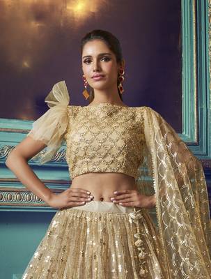 Gold Net Mirror Sequin Embroidered Wedding Lehenga Choli 5