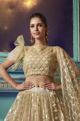 Gold Net Mirror Sequin Embroidered Wedding Lehenga Choli