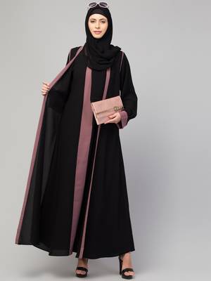 Women style traditional wear abaya black pink 1