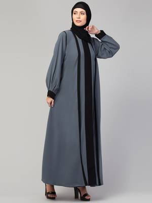 Women style traditional Muslim wear abaya shrug with belt grey black 1