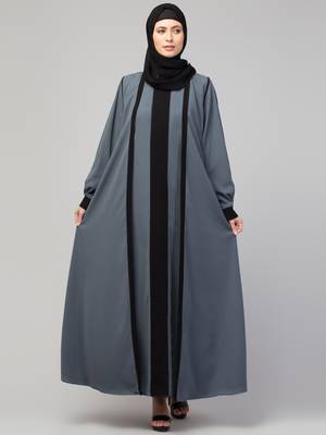 Women style traditional Muslim wear abaya shrug with belt grey black 3