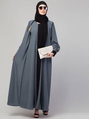 Women style traditional Muslim wear abaya shrug with belt grey black 4