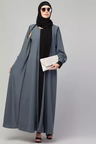 Women style traditional Muslim wear abaya shrug with belt grey black