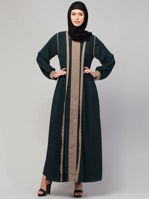 latest stylish shrug  abaya  burka with belt bottle green & beige 1