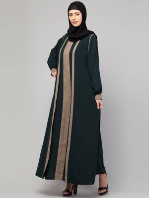 latest stylish shrug  abaya  burka with belt bottle green & beige 3