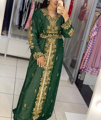 GREEN Zari Stone Work Georgette Islamic Style Beads Embedded Partywear Kaftan Long Gown Evening wear Dubai kaftan 1
