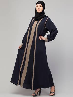 Women style traditional wear abaya blue beige with belt 3