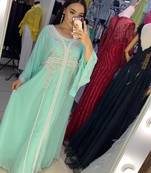  SEA GREEN Zari Stone Work Georgette Islamic Style Beads Embedded Partywear Kaftan Long Gown Evening wear Dubai kaftan