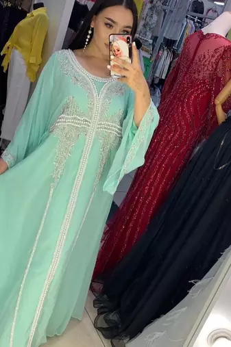 SEA GREEN Zari Stone Work Georgette Islamic Style Beads Embedded Partywear Kaftan Long Gown Evening wear Dubai kaftan