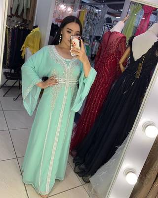  SEA GREEN Zari Stone Work Georgette Islamic Style Beads Embedded Partywear Kaftan Long Gown Evening wear Dubai kaftan 3