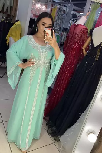  SEA GREEN Zari Stone Work Georgette Islamic Style Beads Embedded Partywear Kaftan Long Gown Evening wear Dubai kaftan
