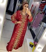 Red Zari Stone Work Georgette Islamic Style Beads Embedded Partywear Kaftan Long Gown Evening wear Dubai kaftan