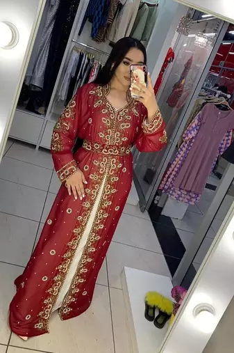 Red Zari Stone Work Georgette Islamic Style Beads Embedded Partywear Kaftan Long Gown Evening wear Dubai kaftan