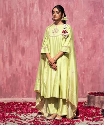 Lime green handloom chanderi silk gota patti kurta set 1