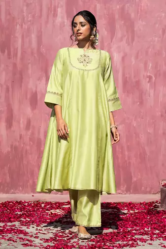 Lime green handloom chanderi silk gota patti kurta set