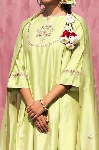 Lime green handloom chanderi silk gota patti kurta set