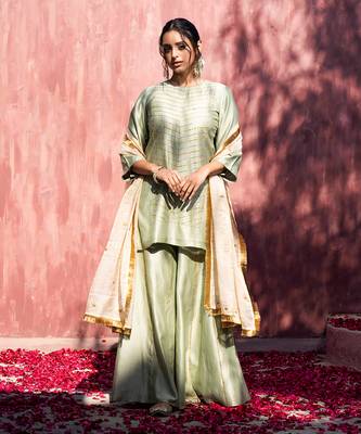 Pista green handloom chanderi silk gota patti sharara set 1