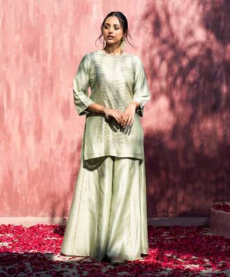 Pista green handloom chanderi silk gota patti sharara set 2