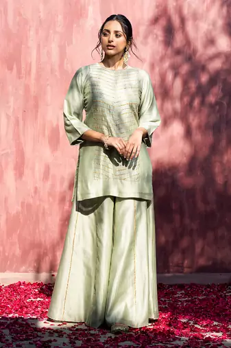 Pista green handloom chanderi silk gota patti sharara set