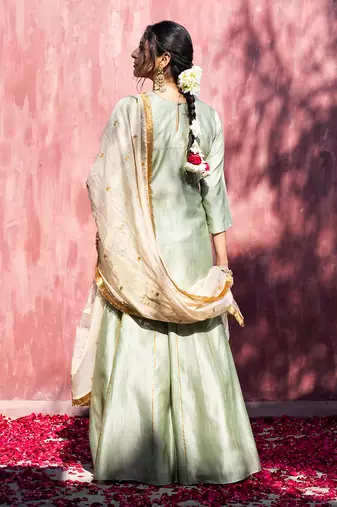Pista green handloom chanderi silk gota patti sharara set