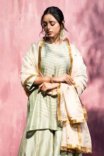 Pista green handloom chanderi silk gota patti sharara set