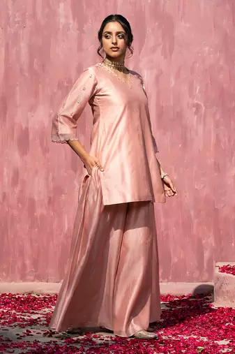Pink handloom chanderi silk gota patti scalloped sharara set