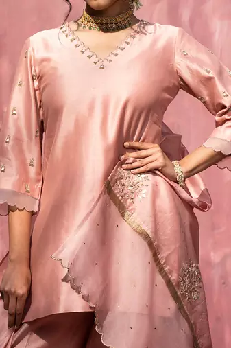 Pink handloom chanderi silk gota patti scalloped sharara set