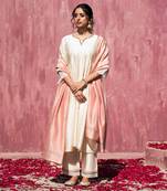 Off whitte handloom chanderi silk scalloped kurta set