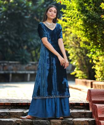 Teal blue a line kurta set 1