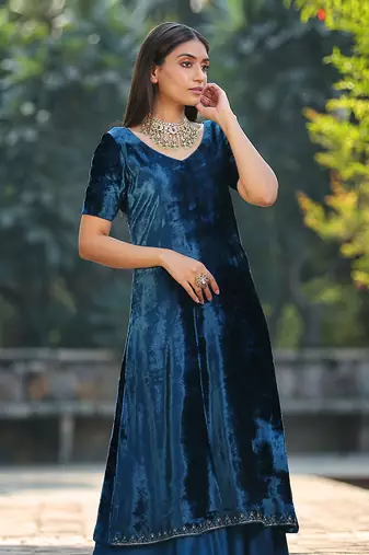Teal blue a line kurta set