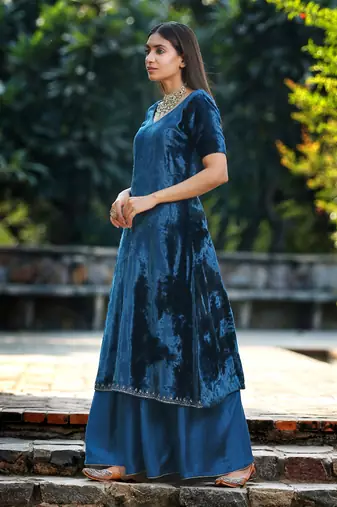Teal blue a line kurta set