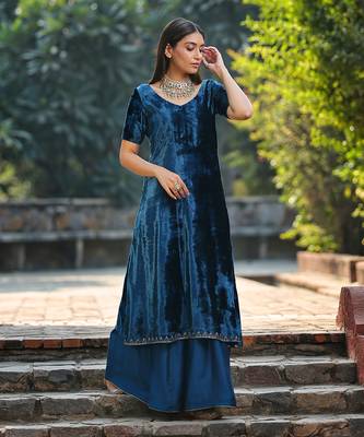 Teal blue a line kurta set 4