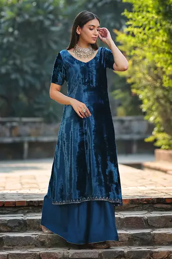 Teal blue a line kurta set