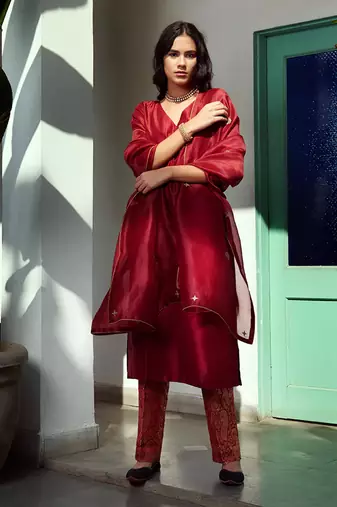 Maroon pure silk straight kurta set