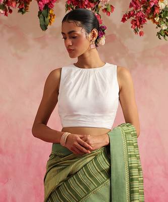 White Cotton Silk Plain Sleeveless Blouse 1
