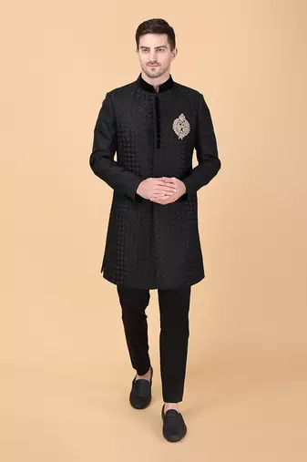 Black tumble weaving indowestern bandhgala set
