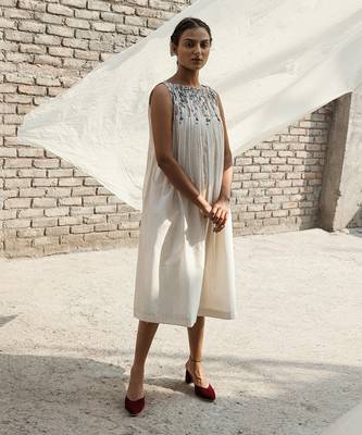 Ivory belladonna pleated neck dress 1