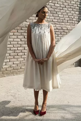 Ivory belladonna pleated neck dress