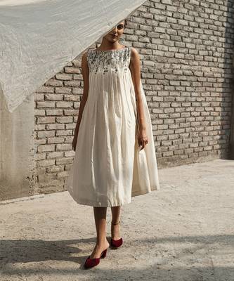 Ivory belladonna pleated neck dress 3