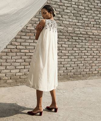 Ivory belladonna pleated neck dress 4