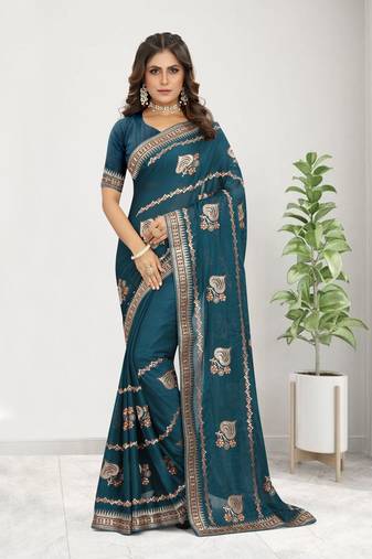 Turquoise Embroidered Satin Saree With Blouse